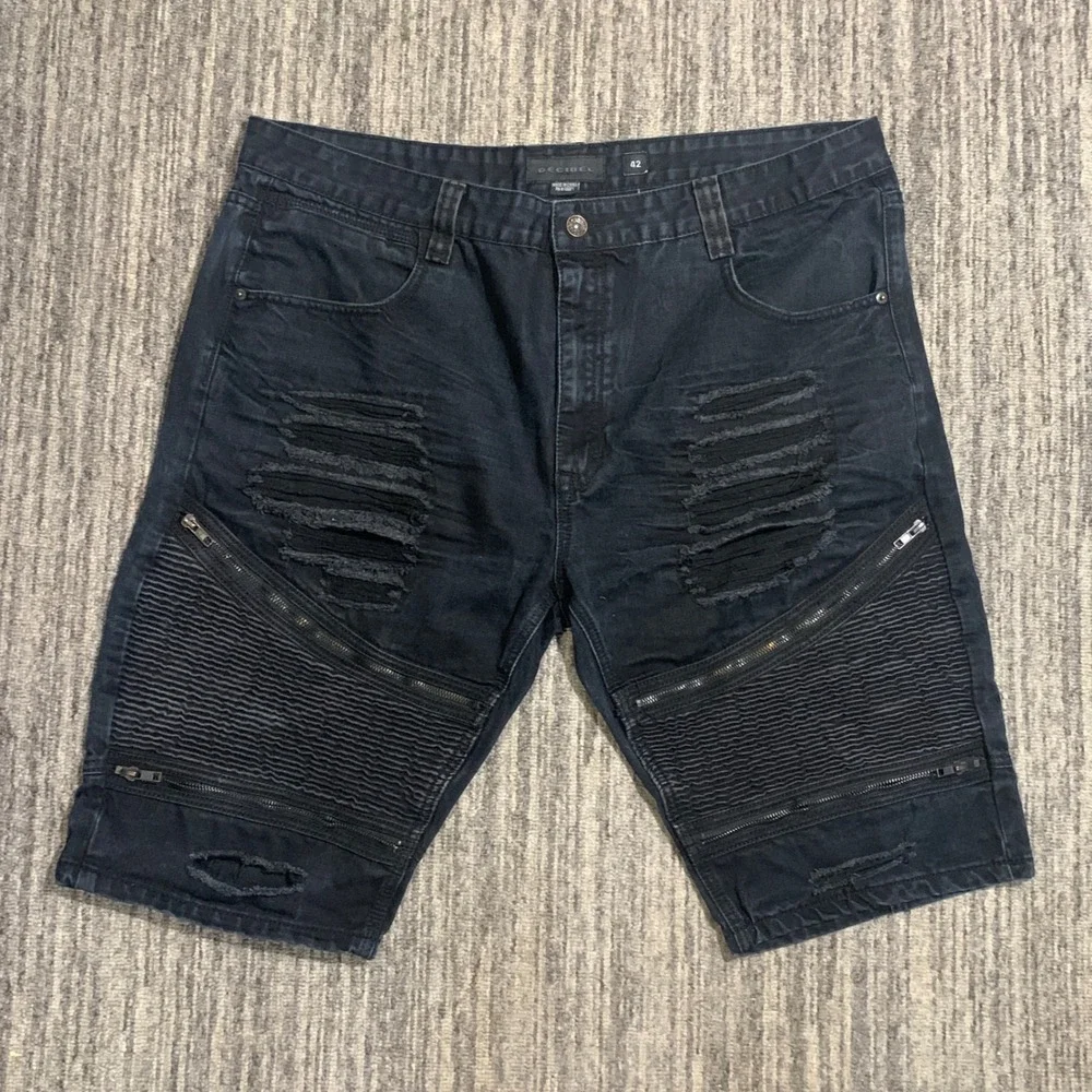 Decibel Distressed Ripped Denim Moto Shorts Zippers Black Mens Size 42